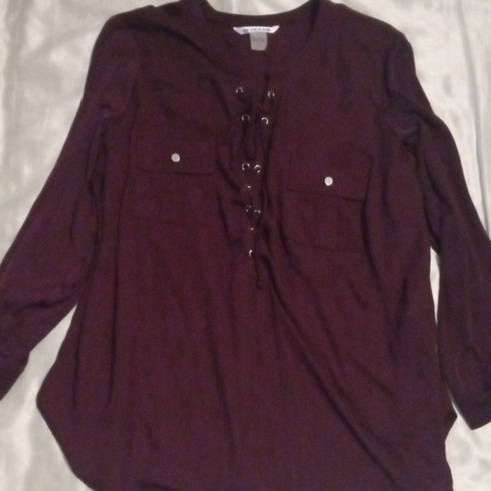 NYGARD Women's Top Plum Lace-Up Blouse Long Sleeves W/Roll Up Tie Size2X